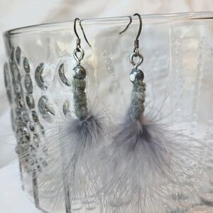 Earrings vintage fishing lures. Purple Gray feathers. Sterling silver earwire